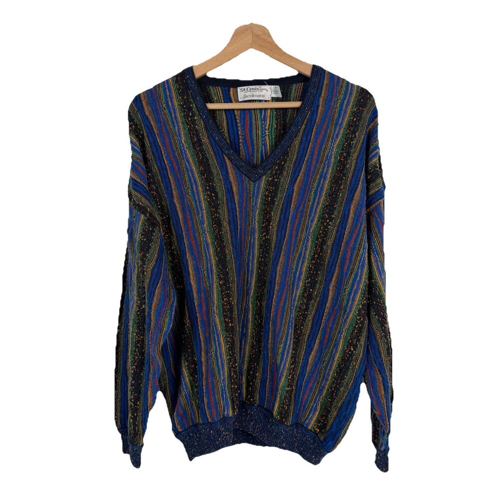 St. Croix Knits Cosby Style V Neck Sweater sz M VTG 80's Textured Colorful USA